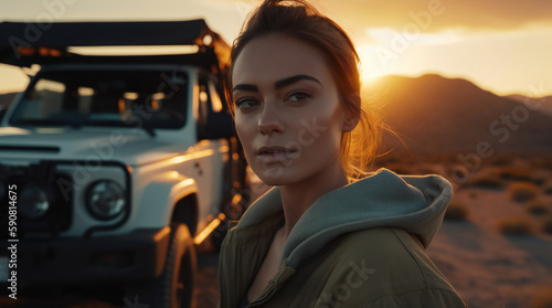 Beautiful female explorer or social media influencer and her 4x4 mountain truck in wilderness at golden hour