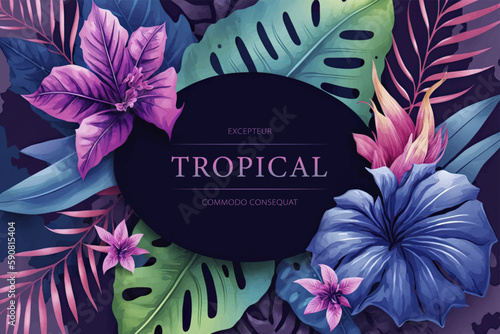 Tropical watercolor plants and flowers, summer holiday banner