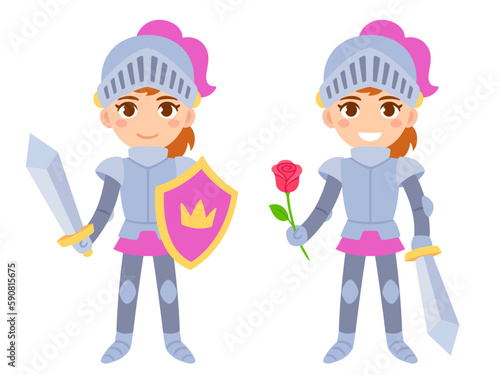 Cute girl knight with sword and rose