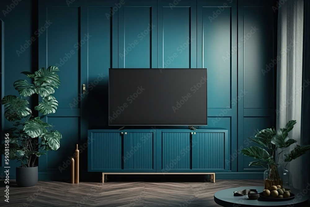 modern living room with a large screen TV and a beautiful potted plant as decor. Generative AI modern living room with a large screen TV and a beautiful potted plant as decor. Generative AI