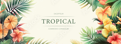 Tropical watercolor plants and flowers, summer holiday banner