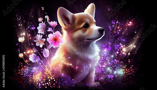 Dog illustration with shining flower. Generative AI.