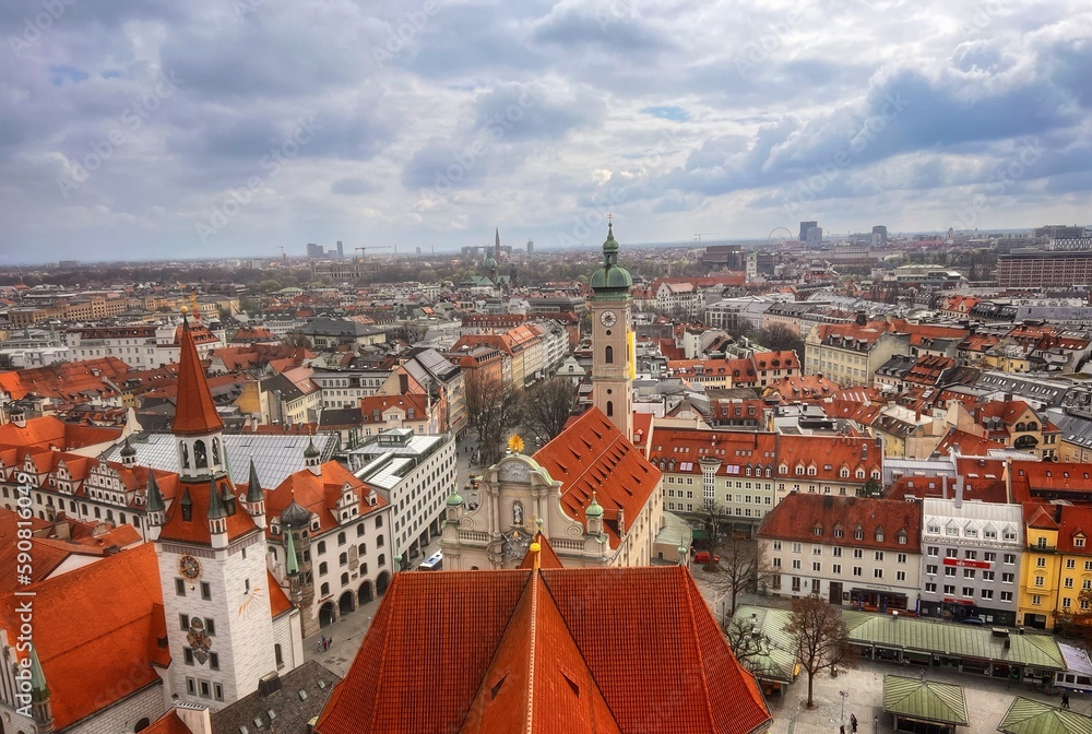 panorama of Munich from birds-eye-view, view of the old town Munich Germany 