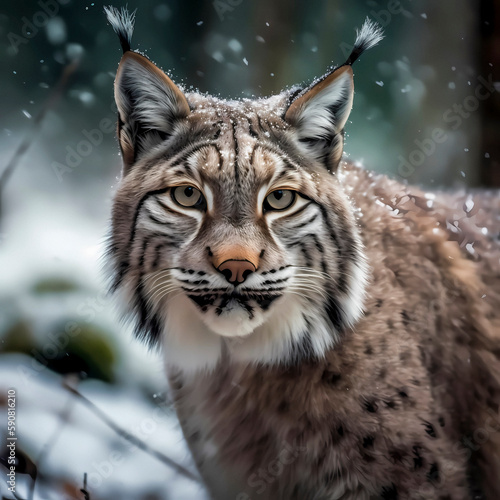 Lynx (Lynx Lynx) in a wintry setting in the forest, with snowfall, ai generated © David Brown