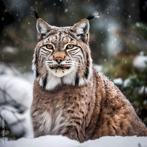 Lynx (Lynx Lynx) in a wintry setting in the forest, with snowfall, ai generated © David Brown