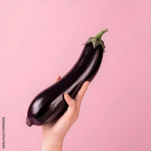 hand holding long eggplant representing penis, masculinity, on pink background, made with generative ai photo