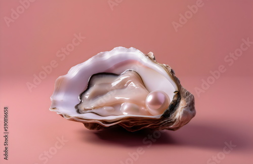 oyster shell with pearl representing vulva, femininity, on pink background, made with generative ai