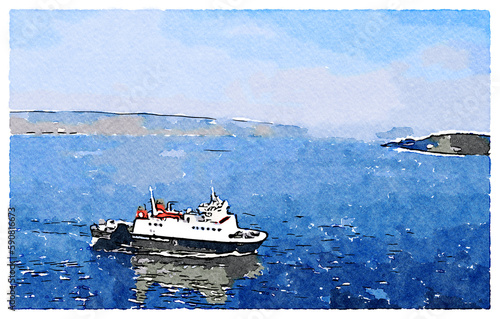 Ferry ship arriving at Scottish town of Wemyss Bay, a digital filter applied to photo, original photo and copyright owned by the uploader. photo