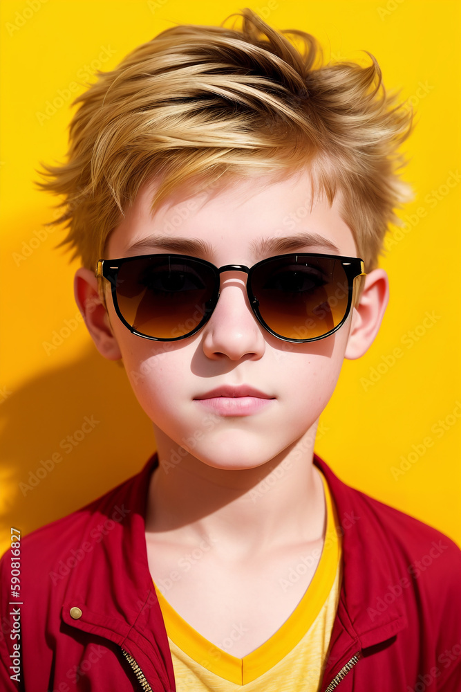 Portrait of an caucasian boy on yellow background, summer brightness. Generative AI. Portrait of an caucasian boy on yellow background, summer brightness. Generative AI.