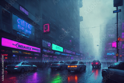 The street of the night city, a futuristic city in the rain, skyscrapers, cars and random people, in the fog. Generative AI. © soleg