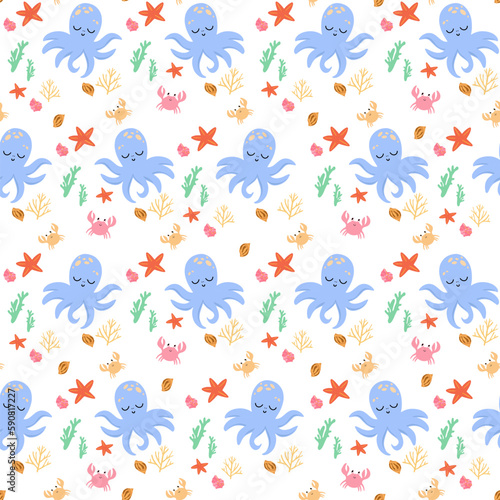 Seamless sea pattern with funny octopuses