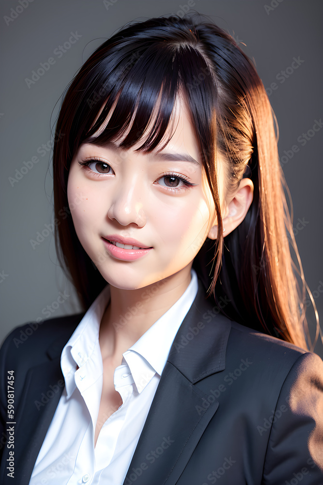 Portrait of smiling Asia business woman in self confident pose isolate on gray background. Generative AI Portrait of smiling Asia business woman in self confident pose isolate on gray background. Generative AI