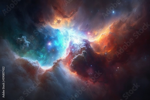 dreamy space filled with fluffy clouds and shining stars. Generative AI