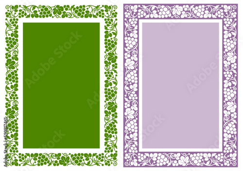 Set of rectangular frame with patterns of vine, ripe grape and leaves. Seamless pattern, isolated and ornament on colored background. A4 aspect ratio. Vector illustration