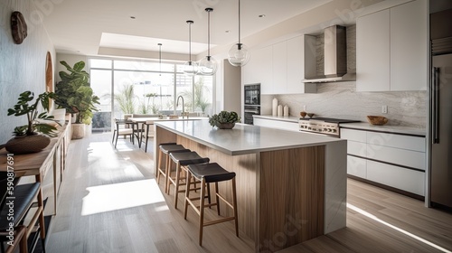 Modern Interior Designer Kitchen with Natural Lighting and Wide-Angle Shot. Generative AI