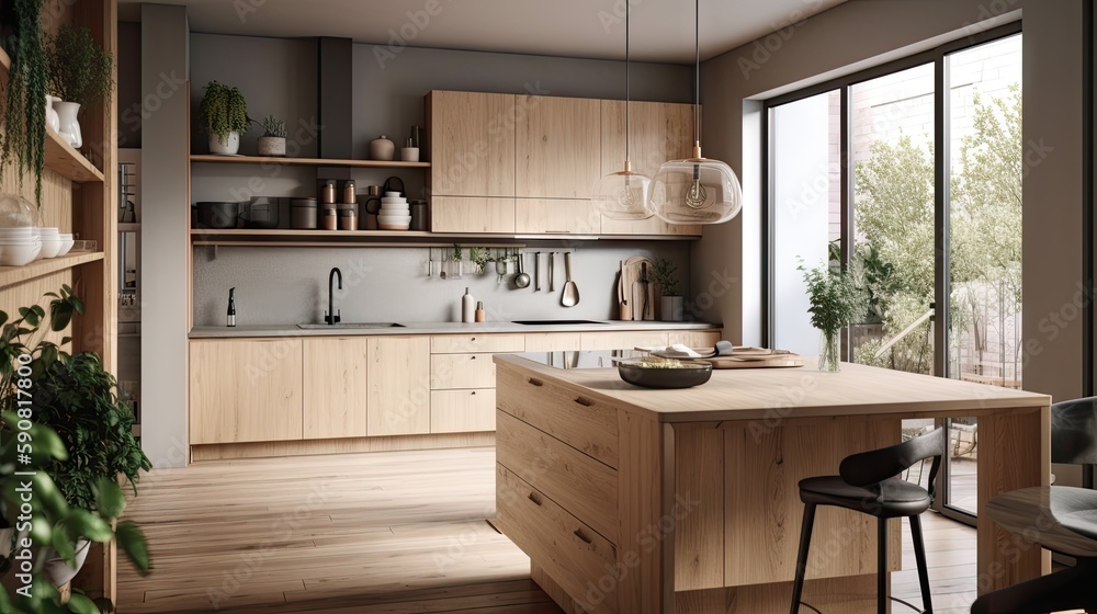 Modern Interior Designer Kitchen with Natural Lighting and Wide-Angle Shot. Generative AI Modern Interior Designer Kitchen with Natural Lighting and Wide-Angle Shot. Generative AI