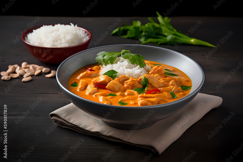 Fresh prepared red Thai chicken curry with white rice - Asia food - generative AI Food Fresh prepared red Thai chicken curry with white rice - Asia food - generative AI Food