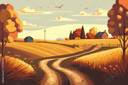 serene country road leading to a rustic farmstead. Generative AI