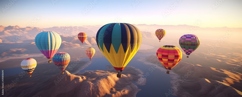 Fototapeta premium colorful air ballon over mountains, generative ai