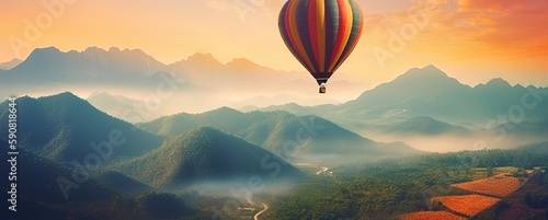 colorful air ballon over mountains, generative ai © Arisctur