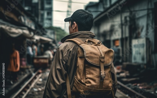 Backpacker traveller walking on a street, generative ai