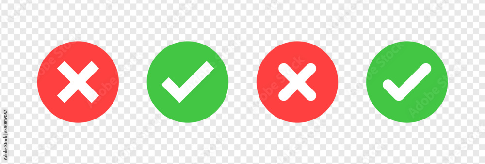 check mark icon button set. check box icon with right and wrong buttons and yes or no checkmark icons in green tick box and red cross. vector illustration - obrazy, fototapety, plakaty 