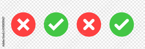 check mark icon button set. check box icon with right and wrong buttons and yes or no checkmark icons in green tick box and red cross. vector illustration photo