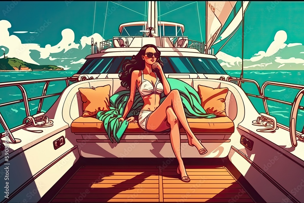 Obraz premium Young Woman Exploring the Seas Aboard a Cartoon Ship. Generative Ai