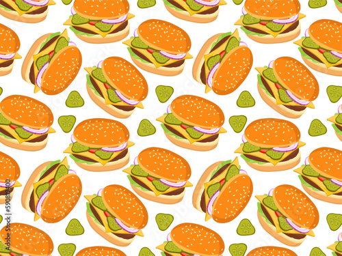 Seamless Burger pattern. Cartoon hamburger and pickled cucumber slice repeated pattern. Fast food print for menu cafe, restaurant For textile, wrapping paper, wallpaper, scrapbooking. Unhealthy diet