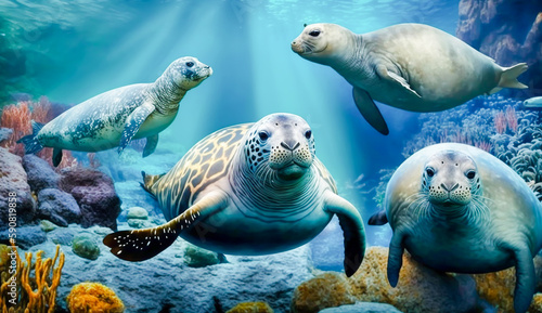seals group in the coral reef, animals of the underwater sea world, Generative ai © khwanchai