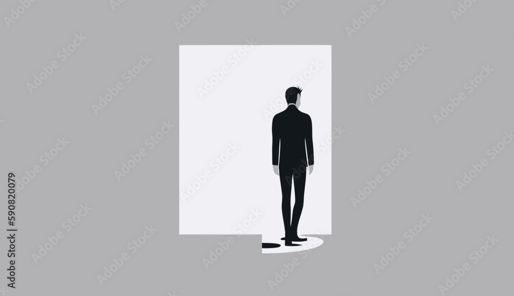 Business Person Standing staring out of a white window Business Person Standing staring out of a white window