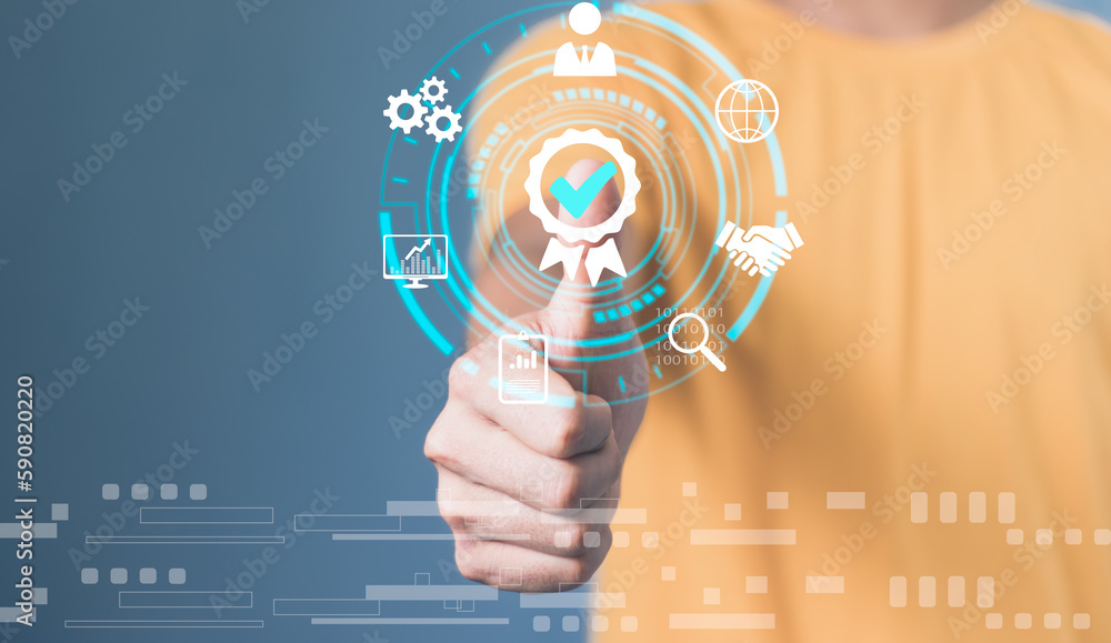 Hand shows the sign of the top service Quality assurance, Guarantee ...