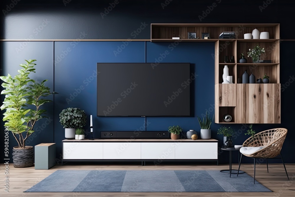 modern living room with blue walls and a large flat screen TV as the focal point. Generative AI modern living room with blue walls and a large flat screen TV as the focal point. Generative AI