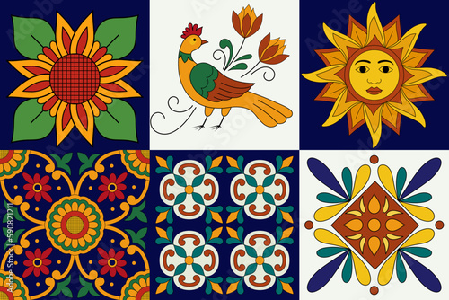 Mexican Talavera Ceramic Tiles. Spanish Maiolica. Colorful decorative stickers for tiles with bird, Sun and flowers. Mexican folk art.
