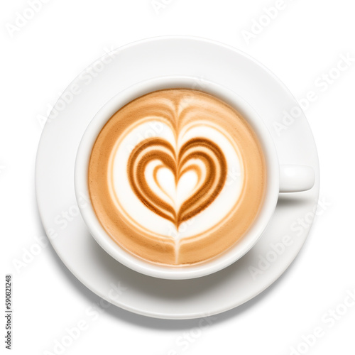 Latte Art cappuccino with a drawing of a heart (symbol of love) isolated on white background. Computer generated image with clipping path