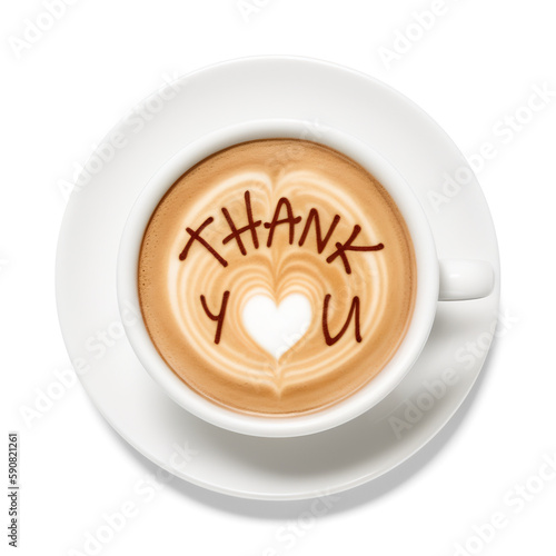 Latte Art cappuccino with the words "thank you" and a heart (symbol of love) isolated on white background. Computer generated image with clipping path