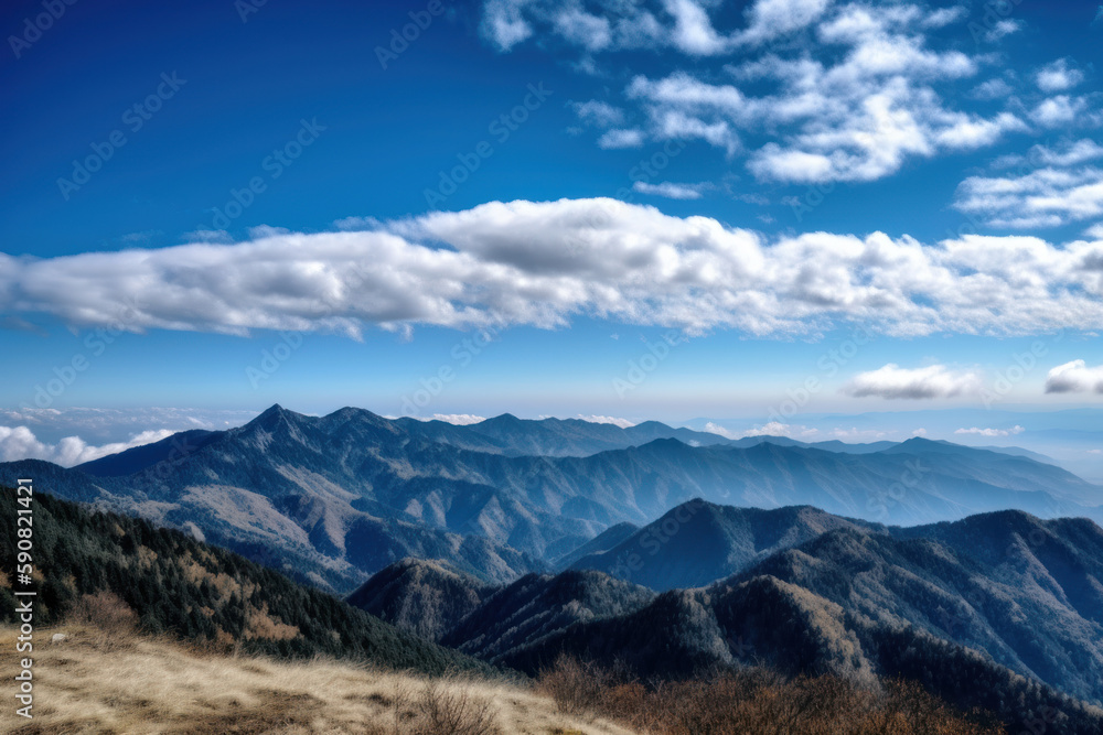Panoramic view of majestic mountain range under a clear blue sky - Created with generative AI