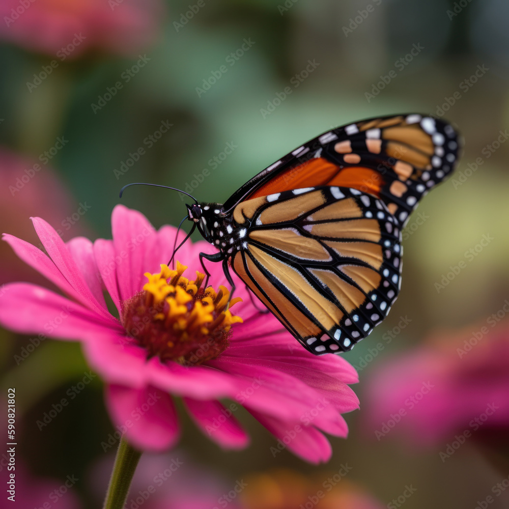 Close-up of Monarch Butterfly Resting on a Pink Flower with Blurred Green Background- Created with generative AI Close-up of Monarch Butterfly Resting on a Pink Flower with Blurred Green Background- Created with generative AI