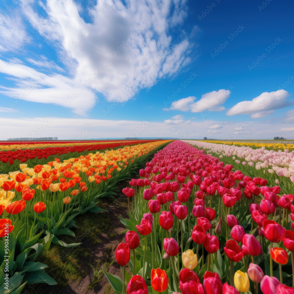 A stunning landscape of a tulip field with a blue sky and white clouds - created with Generative AI