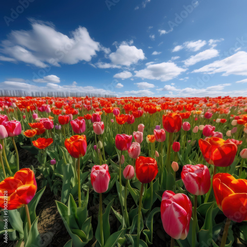 Breathtaking landscape of vibrant tulip fields under a serene sky, showcasing nature's vivid palette. -created with generative AI
