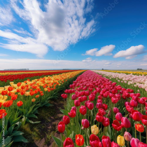 A stunning landscape of a tulip field with a blue sky and white clouds - created with Generative AI