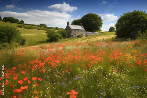 A stunning landscape photo of a charming stone cottage in the English countryside. The scene is filled with colorful wildflowers, green meadows, and blue sky. - created with Generative AI