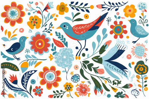 Spring flower and bird pattern, nature-inspired motifs, leaf patterns © SachiDesigns