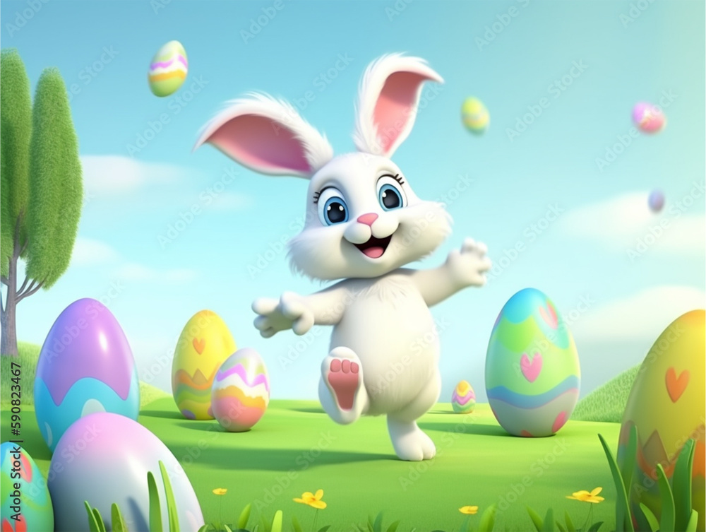 Obraz premium easter day poster, cute bunny character smiling happily, decorated with scenery and easter eggs. generative ai