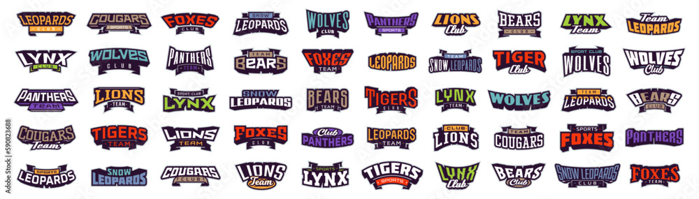 Fototapeta premium Set of bold fonts for logo animal mascot. Font with inscription lions, tigers, panthers, cougars, leopards, bears, wolves, foxes, lynxes. Collection of text style lettering for esports team, mascot