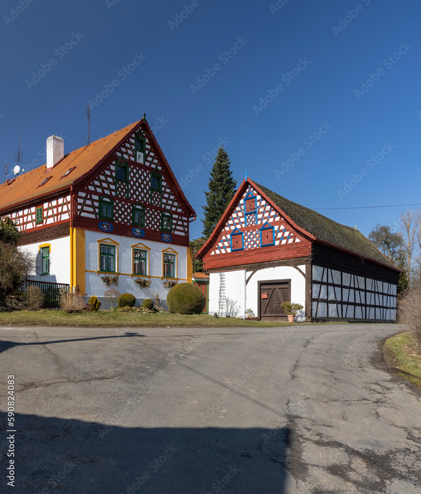 Half-timbered farmhouse, folk architecture in Doubrava, Western Bohemia, Czech Republic