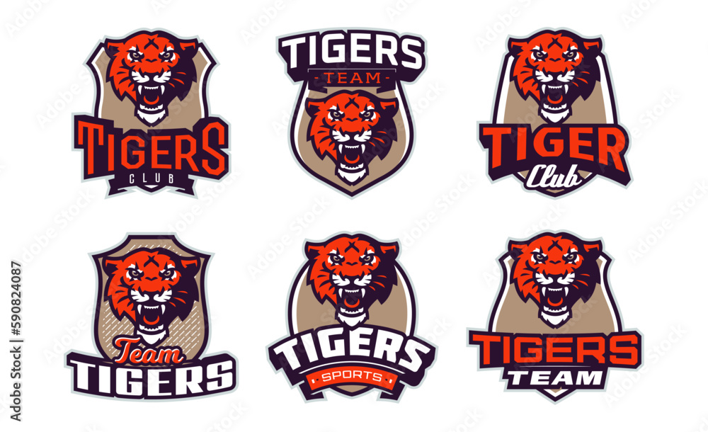 Set of sports logos with tiger mascots. Colorful collection sports emblem with tiger mascot and bold font on shield background. Logo for esport team, athletic club. Isolated vector illustration