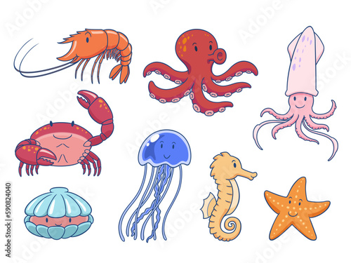 Set of cute sea animals. Vector illustration.