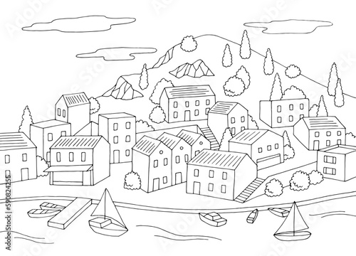 Sea town coloring graphic black white bay landscape sketch illustration vector