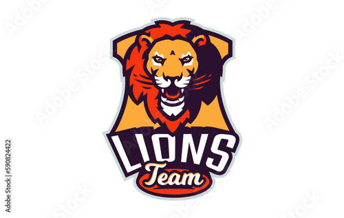 Sports logo with lion mascot. Colorful sport emblem with lion, leo mascot and bold font on shield background. Logo for esport team, athletic club, college team. Isolated vector illustration